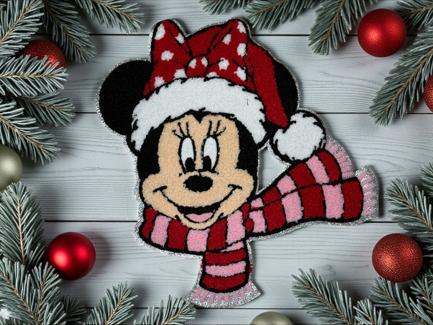 Holiday Minnie Chenille Patch – 10” Embroidered Iron-On Patch