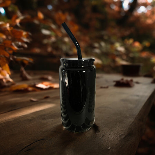 16 oz Black Glass Can with Black Glass Straw and lid