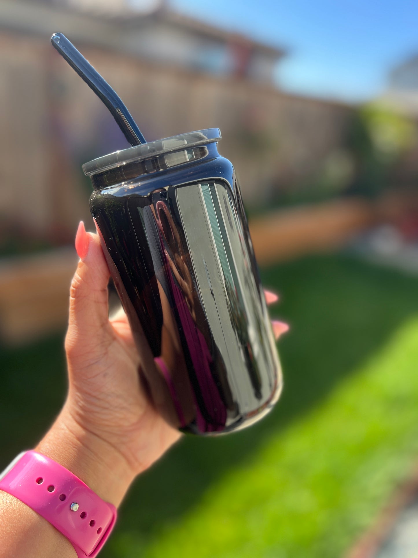 16 oz Black Glass Can with Black Glass Straw and lid