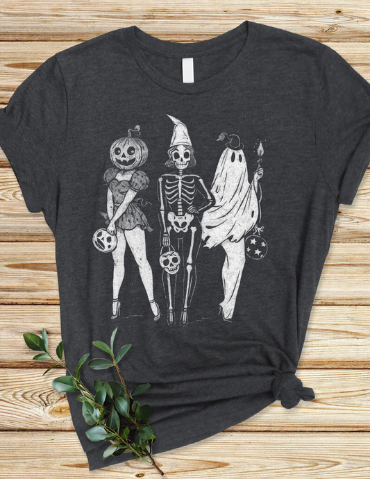 Dark Grey “Spooky Squad” Halloween Graphic Tee – Pumpkin, Skeleton & Ghost Besties