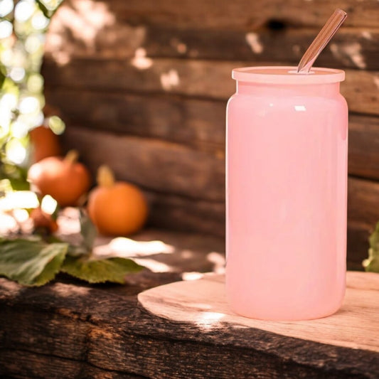 16 oz Baby Pink Glass Can with Pink Glass Straw and lid