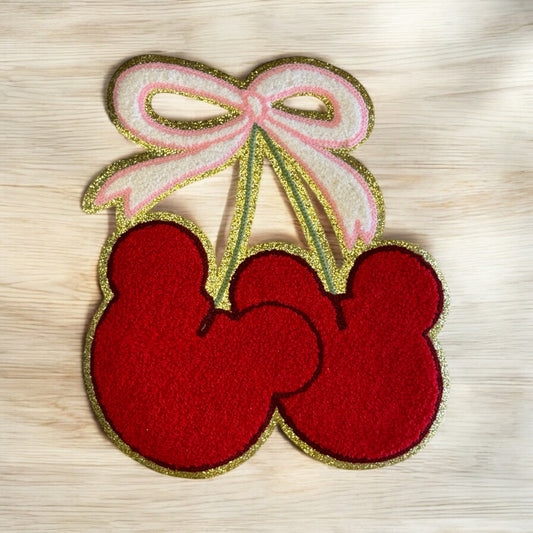 Disney Inspired Cherries and Bow Chenille and Glitter Patch