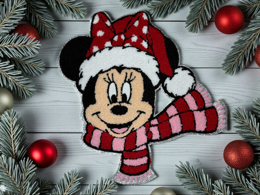Holiday Minnie Chenille Patch – 10” Embroidered Iron-On Patch