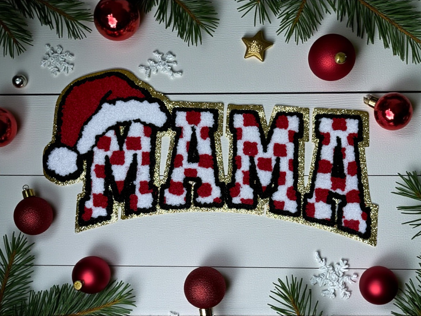 Christmas MAMA Chenille Patch – 10” Red & White Checkered Embroidered Iron-On Patch